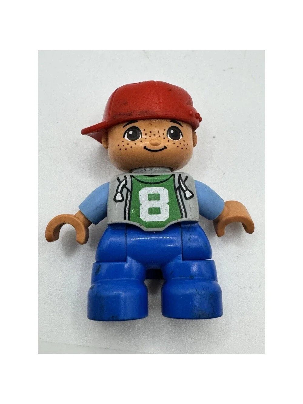 LEGO Duplo Boy Figures Lot of 2 Red Baseball Cap Car Shirt Number 8 Jersey